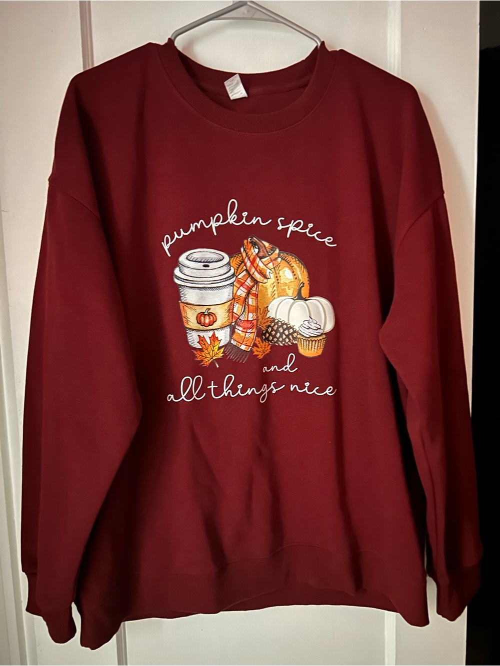 Amazon Women's Pumpkin Spice Graphic Crewneck - Maroon with Orange Accents
